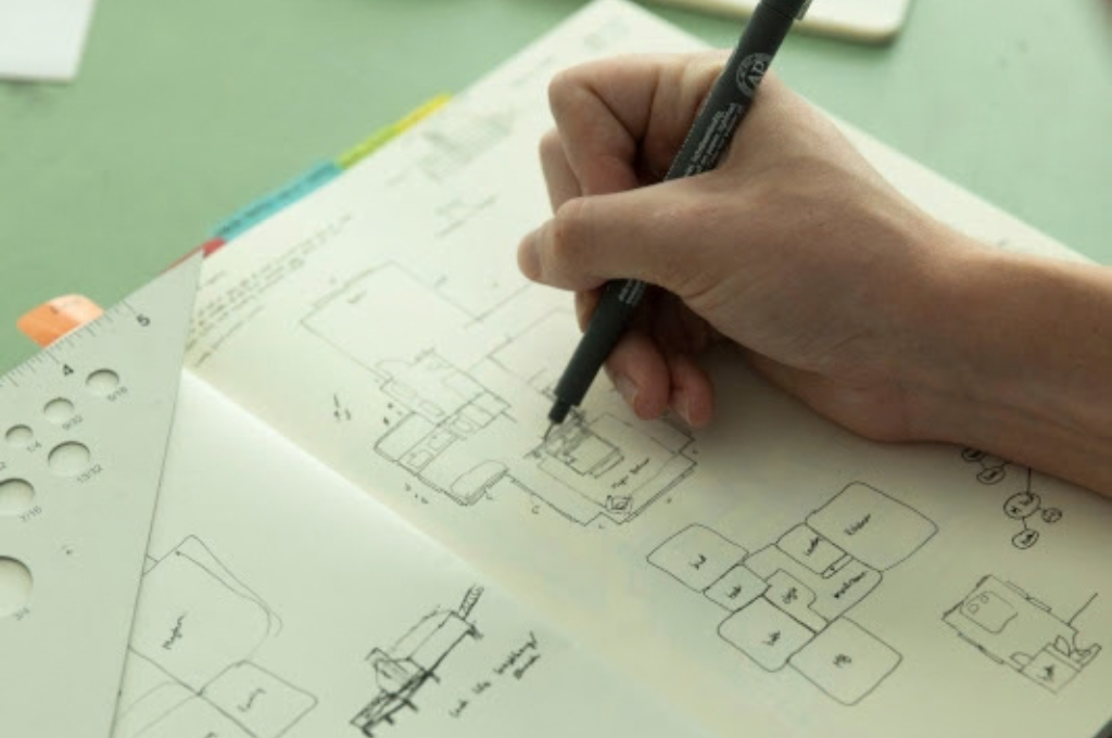 Detail of undergraduate student Jackson Mitchell’s interior design sketches in a Lamar Dodd School of Art studio.